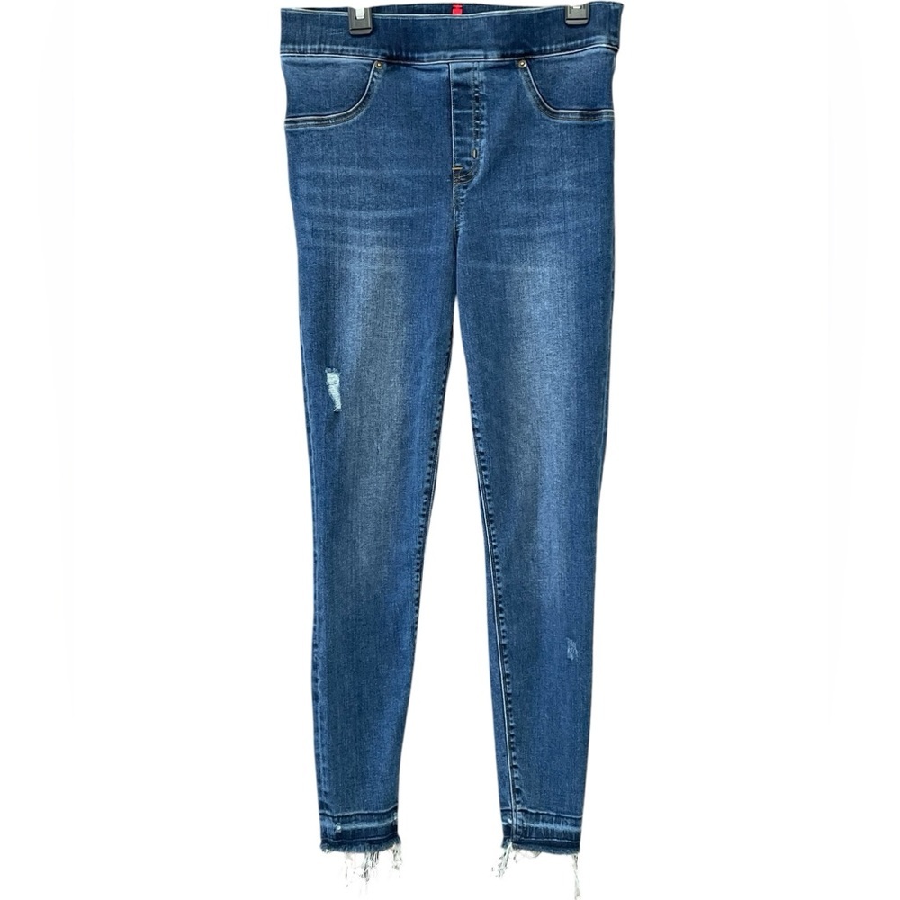 SPANX JEGGINGS Skinny Jeans Blue Stretchy Denim Raw Hem Size Medium